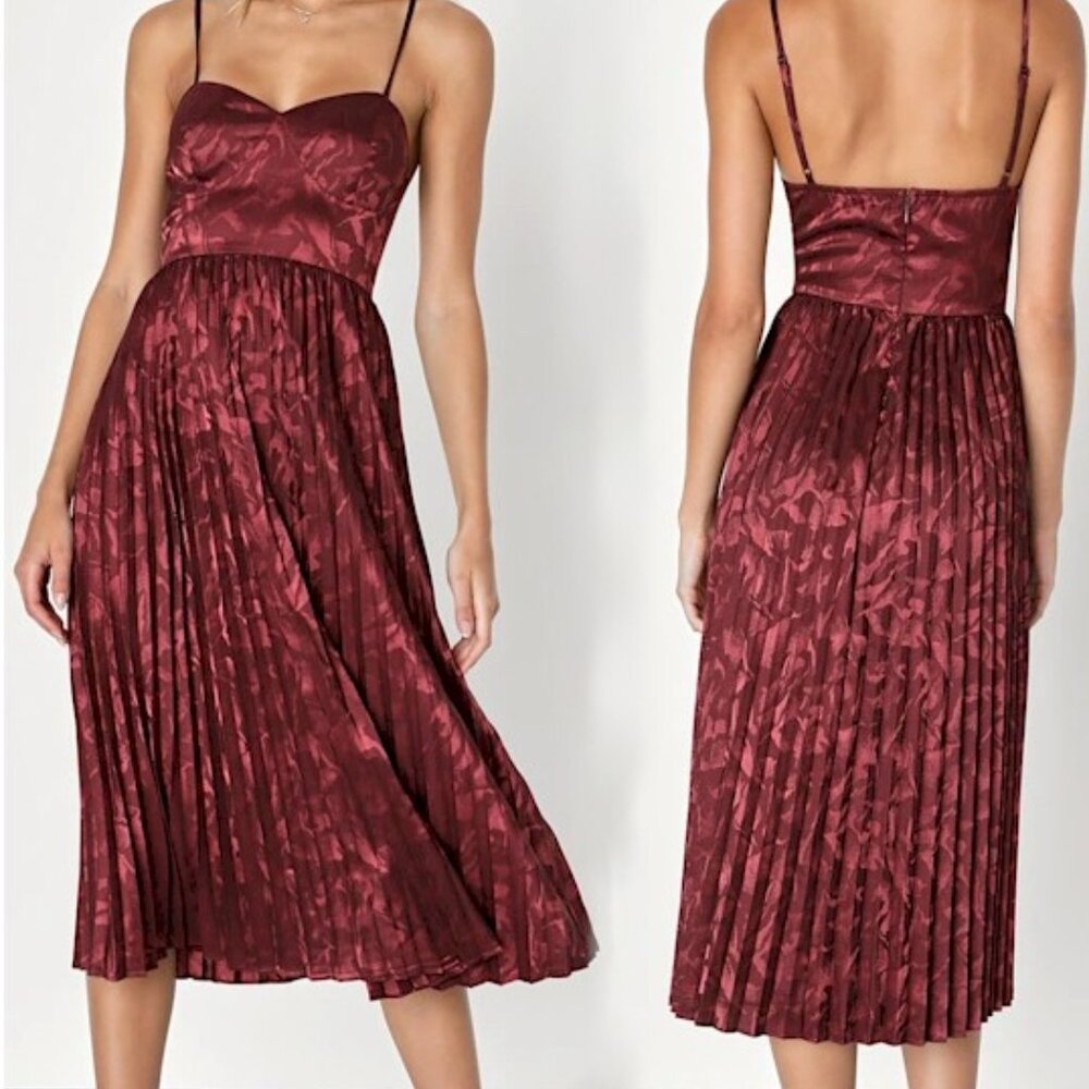 Lulus Chic Sensibility Burgundy Satin Jacquard Pleated Midi Dress Size XL New - Picture 4 of 12
